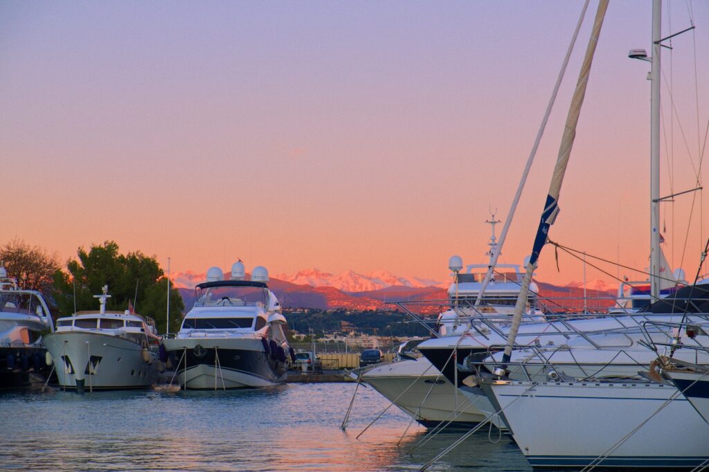 A group of boats sitting in the Marina at Villeneuve-Loubet Marina, France